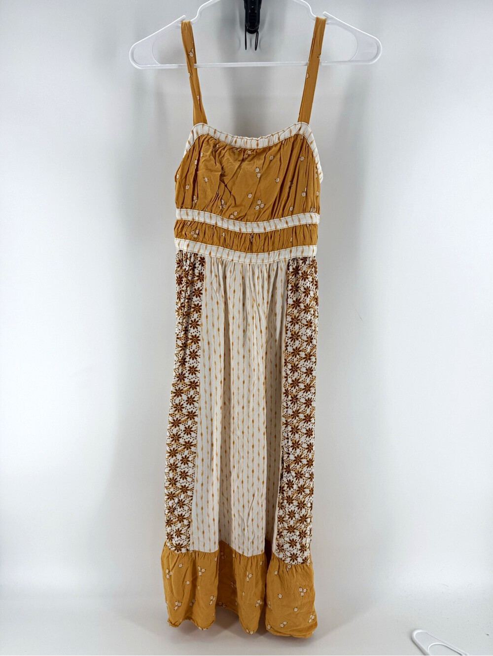 Aeropostale Womens XS Brown/White Floral Maxi Sundress Square Neck Strappy Tie